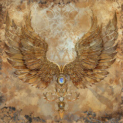 Golden winged design on textured background
