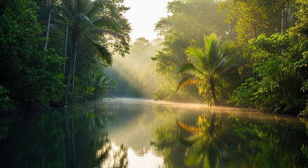 Misty Morning Sunbeams Through Lush Rainforest Canopy Over a Tranquil River