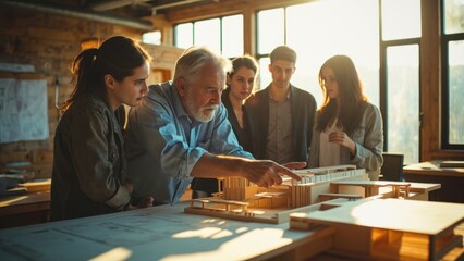 Team of architects discussing an architectural model in their studio
