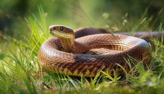 detailed view of a brown inland taipan snake blending in the grass in its natural habitat