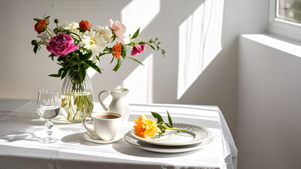 Fototapeta premium A serene still life featuring a beautifully set table with a large glass vase of vibrant peonies and other flowers. The morning sunlight casts dramatic shadows, illuminating a cup of coffee and a sin