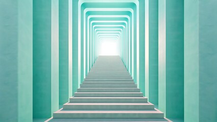 Obraz premium Endless receding tunnel of archways and stairs leading to bright light corridor hallway