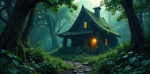 Mysterious, shadowy dwelling hidden amongst dense foliage, a secret place of refuge A captivating image for fantasy, mystery, or adventure themes , secluded, thriller