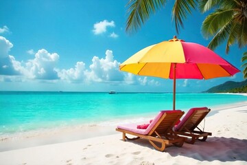 Relaxing under a vibrant Bahamas beach umbrella, turquoise water gently laps the shore  Perfect for travel, vacation, and tropical getaway imagery  Enjoy the idyllic scene ,  sunny,  ocean
