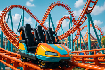 青空に映えるカラフルなジェットコースター車両