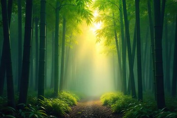 Obraz premium Serene bamboo forest bathed in the soft light of dawn, mist clinging to the lush green leaves Tranquil scene evokes peace and natural beauty , zen, wildlife, leaves