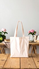 Light peach tote bag on a wooden table.  Flowers and books in the background