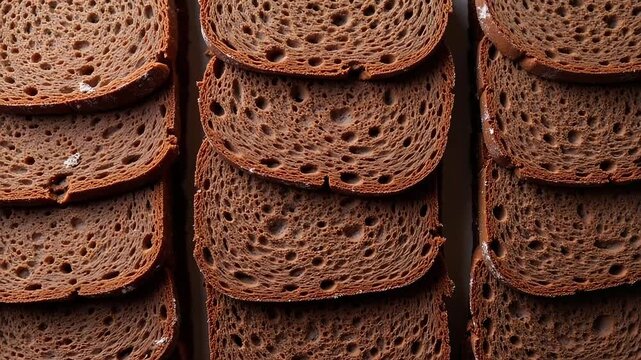 Deliciously textured dark rye bread slices stacked in appetizing rows, showcasing artisanal baking and wholesome goodness for your culinary creations.