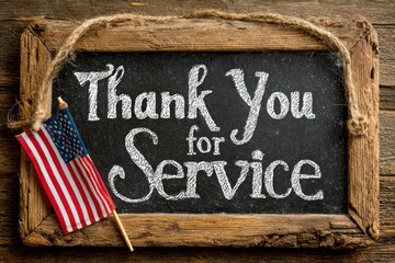 Fototapeta premium Chalkboard with 'Thank you for your service' message and American flag for Veterans Day tribute