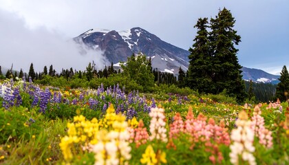 Naklejka premium Mountain meadow bursting with wildflowers (1)
