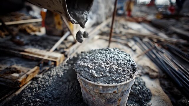 Concrete being poured into a bucket on a construction site