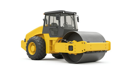 Naklejka premium Yellow road roller heavy machine used for compacting soil and asphalt in road construction