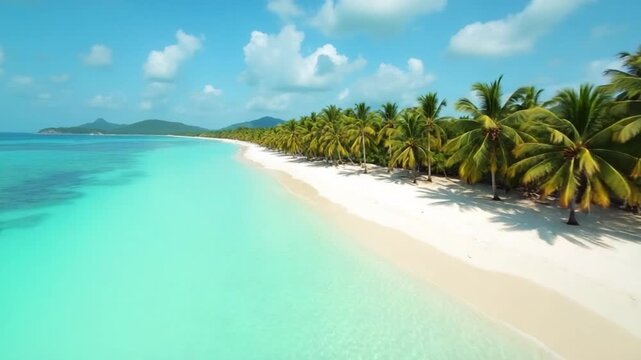Cinematic FPV drone flight over tropical beach with palm trees, white sand, and crystal-clear turquoise sea on Koh Kood island in Thailand. Aerial view of exotic coastline and paradise landscape.