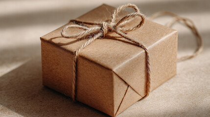 close-up of single gift box wrapped in plain brown kraft paper with simple twine bow, placed on soft beige background, minimalist rustic holiday style with negative space