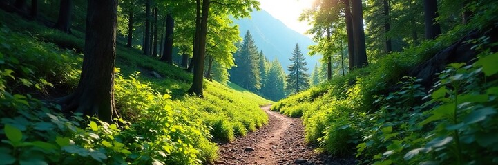 Obraz premium A winding mountain trail disappears into a lush green forest, sunlight dappling through the trees Perfect for adventure, exploration, and nature lovers , hiking, viewpoint