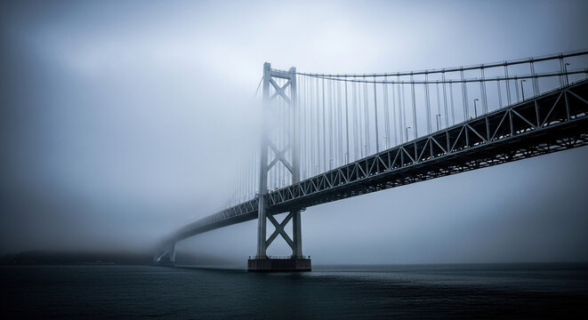 Misty Morning Over a Suspension Bridge