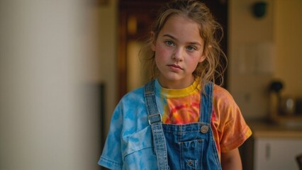 Portrait of serious young girl wearing tie dye shirt and denim overalls indoors