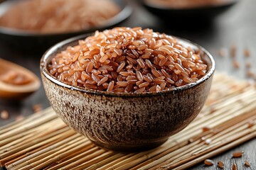 Organic red rice bowl on bamboo surface high resolution picture