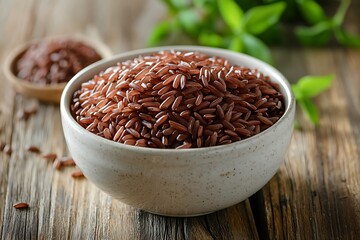 Organic red rice grains in natural bowl high resolution picture
