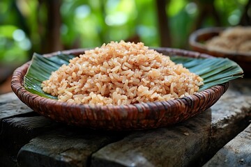 Organic red rice grains in natural basket high resolution picture