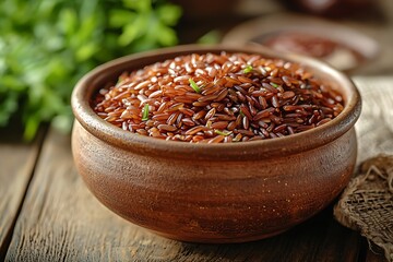 Organic red rice in rustic bowl high resolution picture