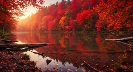 Crimson autumn forest surrounding a tranquil lake | Stunning Photography & Visuals