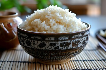 Organic rice cooked naturally in black bowl high resolution picture