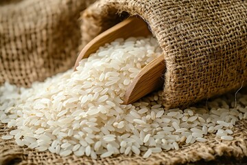 Organic rice stored in traditional burlap bag high resolution picture