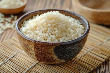 Organic short grain rice placed on bamboo high resolution picture