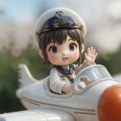 Mu&ntilde;eco kawaii de piloto saludando desde un avi&oacute;n de juguete