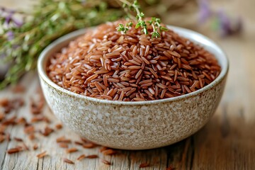 Organic steamed red rice inside brown bowl high resolution picture