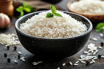 Organic steamed rice with rustic food setting high resolution picture