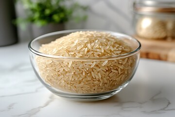 Organic uncooked rice grains in glass high resolution picture
