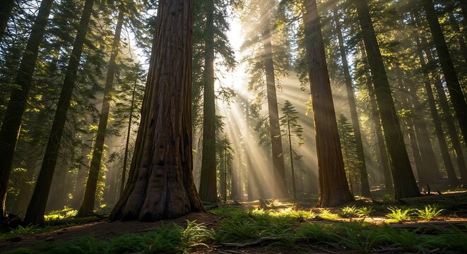 Towering sequoia forest with shafts of sunlight