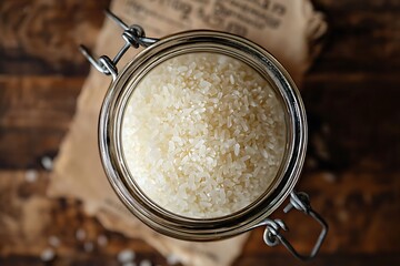Organic white rice stored in glass jar high resolution picture
