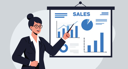 Professional woman presents sales growth statistics at conference meeting