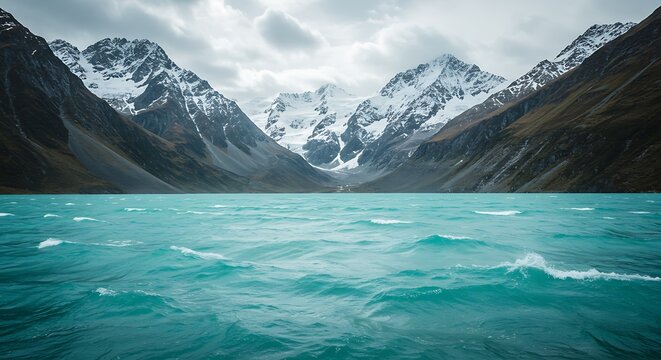 Turquoise waters of a glacial lake surrounded by majestic snow-capped mountains under a dramatic sky