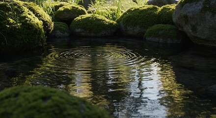 Peaceful outdoor pond featuring subtle water ripples, framed by vibrant green moss-covered rocks, creating a harmonious and reflective natural setting