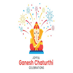 Joyful Ganesh Chaturthi celebrations with a cute illustration of Lord Ganesha and colorful fireworks.