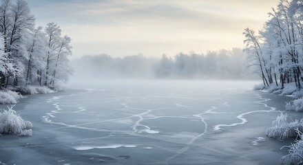 Tranquil frozen lake under a misty winter sky, featuring intricate ice patterns and surrounded by majestic snow-covered trees, creating a serene and captivating natural landscape