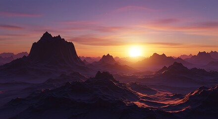 Naklejka premium Beautiful Alien mountain peaks reflecting twin star sunrise for Creative Projects
