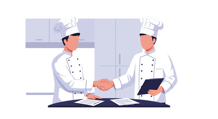 Two professional chefs in uniform shaking hands over a contract in a modern kitchen setting.