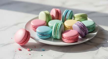 An illustration of a plate of macarons in pastel colors on a marble surface with soft daylight.