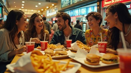 Cheerful friends enjoying fast food in a mall food court