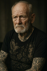 Obraz premium Elderly man with full tattoos, portrait of tattooed senior