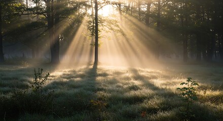 Sunbeams Illuminate Misty Forest at Dawn A Serene Landscape