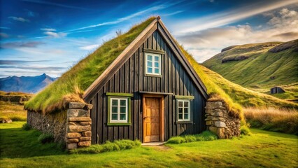 Traditional Icelandic turf house with steeply pitched roof and wooden beams