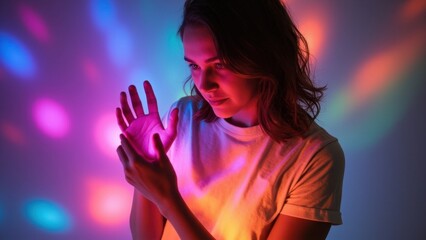 Young woman holding light and exploring colorful bokeh background
