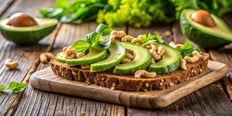 Crunchy cashew nuts and fresh avocado slices atop a slice of whole grain bread on a rustic wooden breakfast table