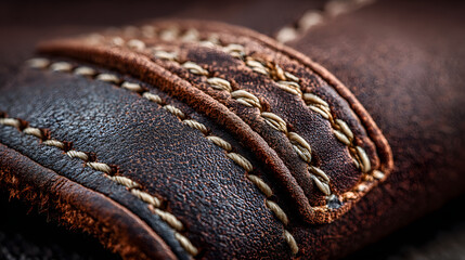 Close-up of Brown Leather with Off-White Stitching